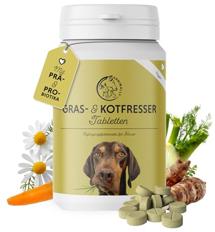 Annimally Gras- & Kotfresser Tabletten für Hunde - Unterstützen Verdauung & Magen-Darm-Flora, mit Probiotika, Ballaststoffen & Pflanzenstoffen, 120 Stück