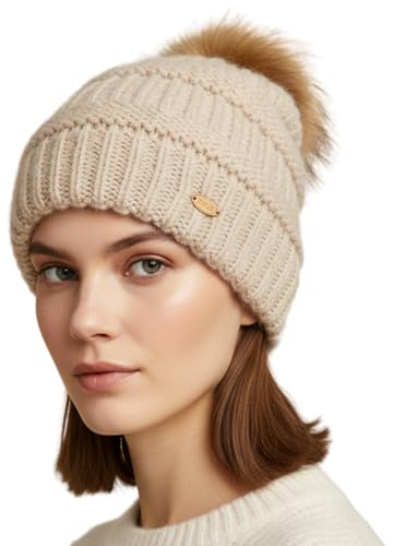 TOP-EX Damen Wintermütze mit verstecktem Zopfloch & abnehmbarem Kunstfell-Bommel, Fleecegefütterte Strickmütze, Warm & Weich Beanie für Pferdeschwanz, Thermomütze für Outdoor Ski Wandern, Hafer-Beige