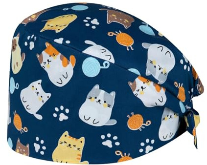 THXFUNAREA OP Haube Baumwolle mit Katzenmuster – Verstellbare Chirurgische Kappe Unisex, Leichte Arbeitsmütze für Arzt Pflege Klinik Labor Kosmetik Küche