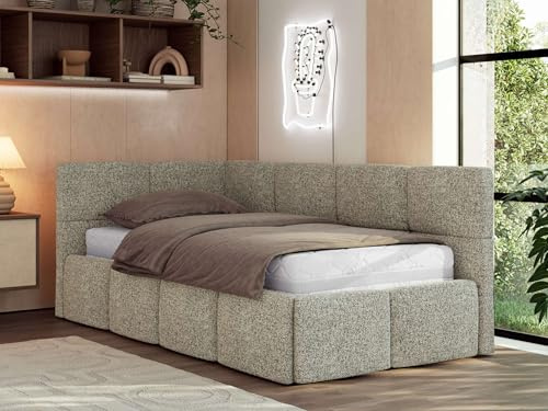 Jugendbett ARVO 90x200 cm mit Lattenrost und Bettkasten, Polsterbett mit gepolstertem Kopfteil und Gasdruckfedern, Eckbett mit Stauraum - mit Multipocket-Matratze - Grau Strukture - Linke Seite