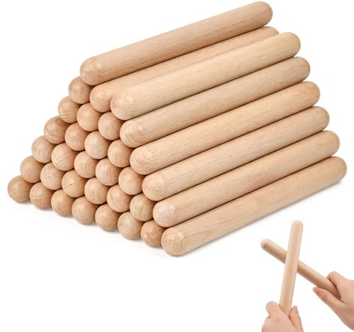 TCETCY Lot de 34 Bâtons de Rythme en Bois de Hêtre, 20 cm * 2 cm Baguettes de Percussion pour Cours de Musique, Groupes et Orchestres, Instrument de Musique pour Enfants et Adultes