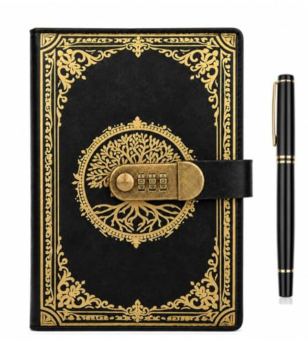 SIMDAO A5 Leather Journal with Lock, 300 Pages/100GSM Thick Lined Paper Secret Diary, Vintage Notebook with Pen, Privacy Password Journal for Men Women (Black)