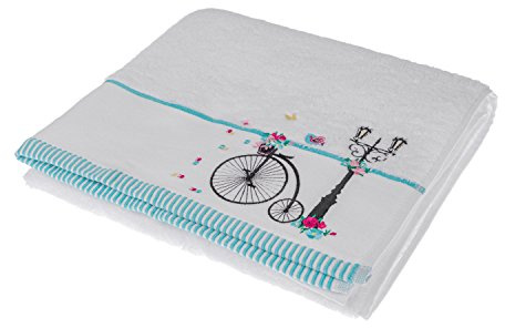 Homescapes 100% Ägyptische Baumwolle Flauschiges Premium Frottee Duschtuch weiß Vintage Stick Motiv Hochrad