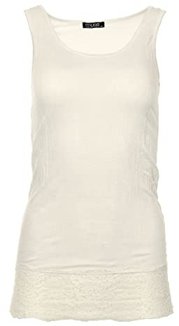 Easy Young Fashion - Damen Trägertop mit Spitzensaum - langes Unterziehshirt Skinny Fit 0518 (Creme S/M)
