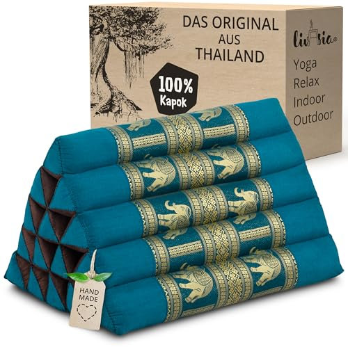 livasia Rückenstützkissen extrahoch mit Thaiseide - 38x55x35cm - Dreieckskissen für Garten/Balkon, Keilkissen mit Kapok, handgefertigt, Meditationskissen (Hellblau/Elefanten Seide)