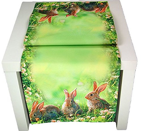 Tischdecken OSTERN 3 Hasen Wiese grün braun digitaler Fotodruck modern Polyester Osterdecke Ostertischdecke (Tischläufer 40x140 cm)