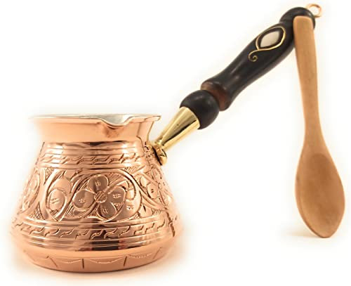 The Silk Road Trade - ACI Series (Small) - Solid Copper Engraved Turkish Coffee Pot with Wooden Handle (9oz)