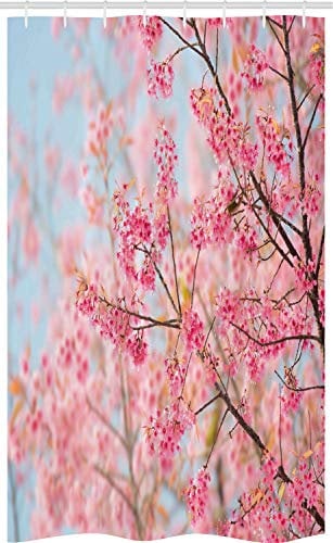 ABAKUHAUS Blumen Schmaler Duschvorhang, Japanische Sakura Kirsche, Badezimmer Deko Set aus Stoff mit Haken, 120 x 180 cm, Pale Pink Baby Blue
