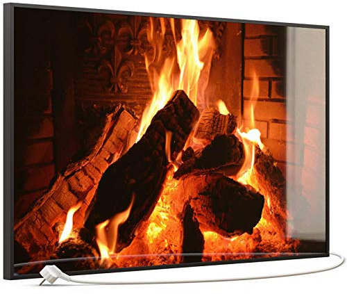 STEINFELD Heizsysteme® Glas Bild Infrarotheizung mit Thermostat | Kamin Feuer | viele Motive 350-1200 Watt Rahmen schwarz (600 Watt, 032 Kamin)