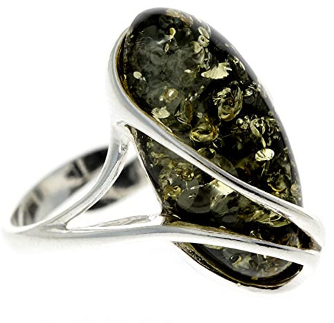 Großer verstellbarer Ring aus 925er Sterlingsilber und baltischem Grüner Bernstein - GL423GA
