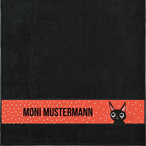 Manutextur Duschtuch mit Namen - personalisiert - Motiv Katze 3 - viele Farben & Motive - Dusch-Handtuch - schwarz - Größe 70x140 cm - persönliches Geschenk mit Wunsch-Motiv und Wunsch-Name