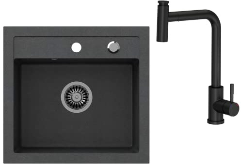 VBChome Spülbecken mit Armatur 50 x 47 cm Schwarz Granit Spüle Einzelbecken Küche Einbauspüle Verbundspüle Küchenspüle gesprenkelt Spülbecken Siphon Armatur