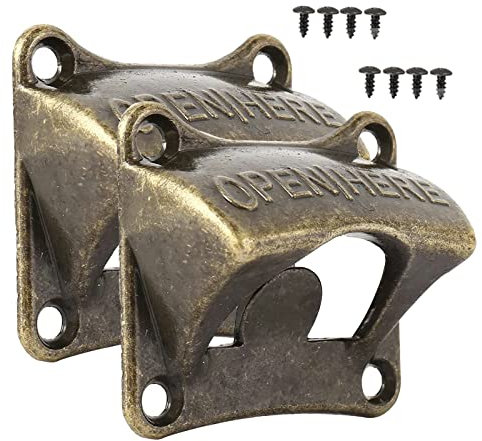 2 Piezas Abridores de Botellas de Pared, Diseño Retro Abrebotellas de Cerveza de Pared, para Bares, Restaurantes, Cafeterías, Cocinas(Bronce)
