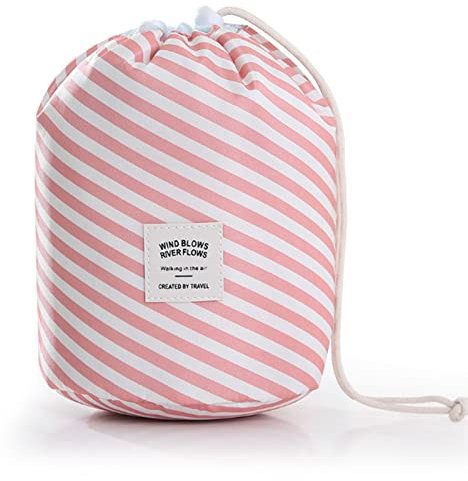 INVODA Trousse de toilette de voyage pour femme avec cordon de serrage - Portable et multifonctionnelle - Étanche, Motif rayé rose