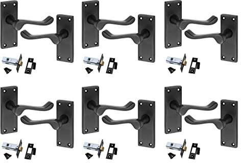 Golden Grace Premium Victorian Scroll Latch Door Handles with Latch Pack Set in Matt Black Finish, 6 Pack - 120mm x 40mm Backplate