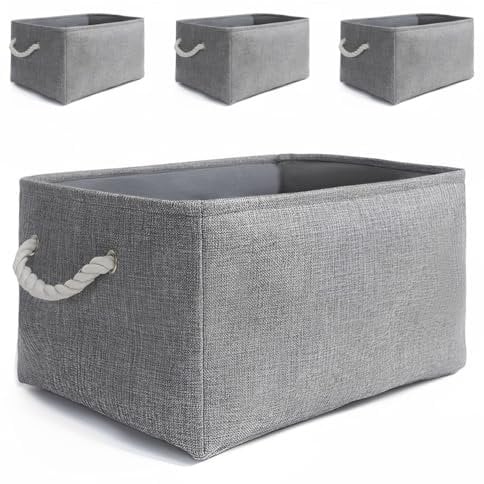 Mangata Faltbare Aufbewahrungsbox, großer verdickter Stoff-Aufbewahrungskorb mit Griffen für Regale Spielzeug (L - 4 Pack, grau)