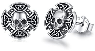 Totenkopf Ohrringe 925 Sterling Silber - Keltisches Kreuz Ohrstecker, Halloween Schmuck, Kleine Ohrstecker - Geschenk für Männer, Herren, Sohn, Mädchen, Unisex
