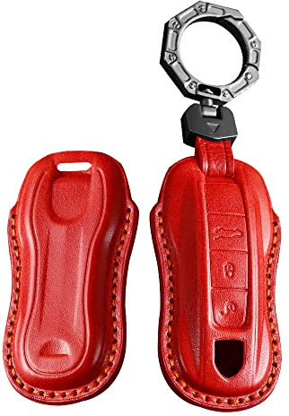 KUNIO Coque de clé de Voiture Compatible avec Porsche Panamera 971 Cayenne 9YA Macan 911 Carrera GT Taycan Boxster 2017-2022 Porte-clés en Cuir 3 Boutons Rouge