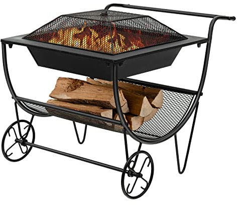 COSTWAY Brennholzregal Metall mit Feuerstelle, Feuerholzregal Feuerschale 2 Rädern bis 50kg belastbar, Kaminholzständer Holzlagerregal Kaminholzregal