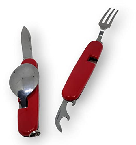 Kit 4 in 1 posate da campeggio scout gita lavoro, cucchiaio Forchetta e coltello apriscatole, tutti richiudibili e in acciaio