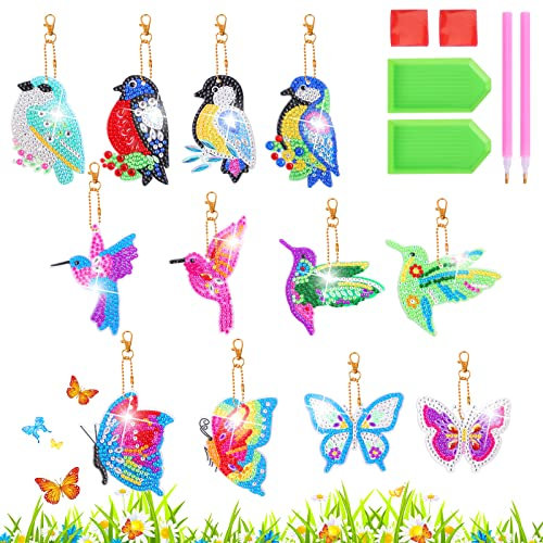 12 Pcs 5D Diamant Painting Anhänger,Diy 5d Diamond Painting Schlüsselanhänger Schmetterling Vogel,Diamant Malerei Schlüsselanhänger für Kunsthandwerk Dekoration Tasche Geldbörse Handtasche Geschenk