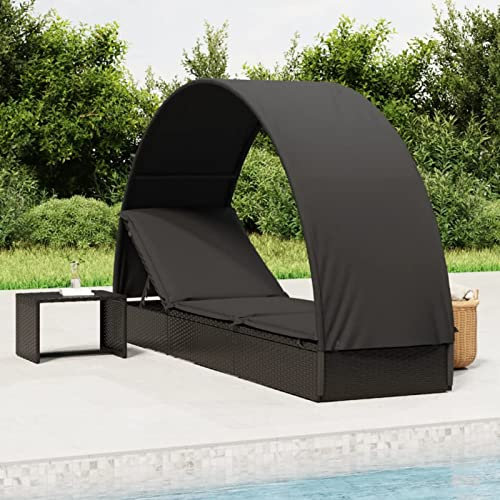 Tidyard Sonnenliege mit Aach, Gartenliege Klappbar, Relaxliege, Doppelliege, Gartenmöbel Schwarz 211x57x140 cm