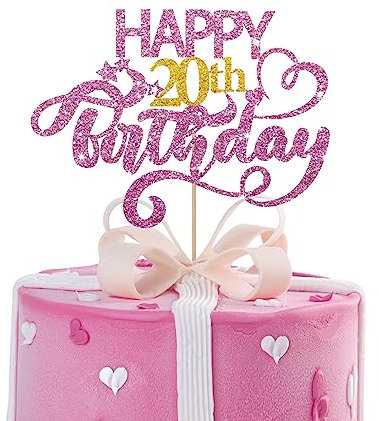 Pink Glitter Happy 20th Birthday Cake Topper, Twenty Years Old Birthday Party Cake Decor, Gold Number 20 Birthday Party Supplies Decorations for Boy or Girl