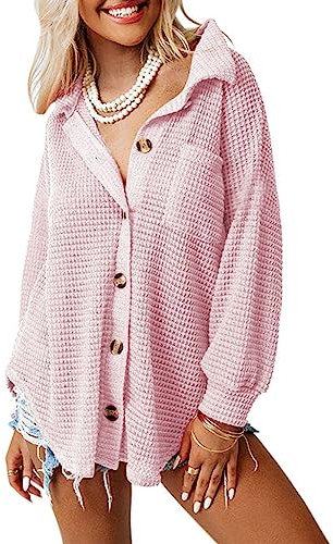 Dokotoo Bluse Damen Langarm Lässig Oberteile Hemd Langarmshirt Waffel Knopfleiste Oberteil Blusen Einfarbig Shirts Stehkragen Elegant Hemdjacke Locker Hemdbluse Rosa L
