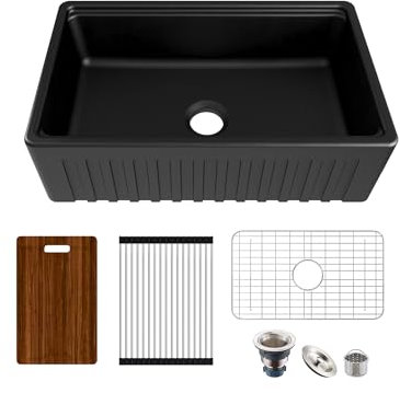 MEJE #KS Fregadero de cocina rústico, con borde frontal, un seno, cerámica, tabla de cortar, rejilla y colador, 84 x 51 cm, negro