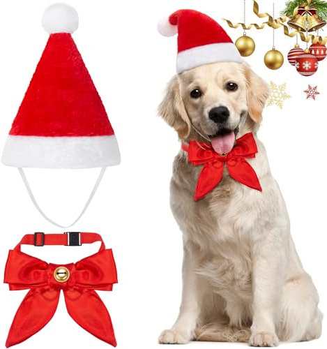 MELLIEX 2 Stück Weihnachten Hundekostüm, Hunde Katzen Weihnachtsmützen und Halsband Weihnachtskostüm Zubehör Set für Haustier