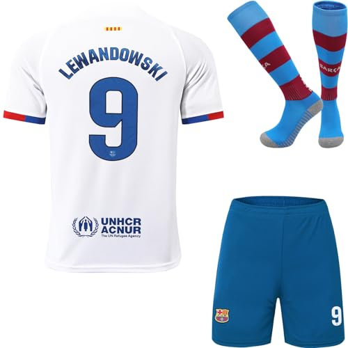 Mikalay Barcelona Robert Lewandowski #9 Auswärts 2023/2024 Fußball Kinder Trikot, Shorts Socken Set Jugendgrößen (Weiß,16)