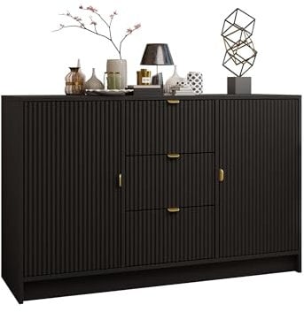 Mirjan24 Kommode Tireno 2D3SZ mit 3 Schubladen und 2 Türen, geriffelte Fronten, B:118 x H:75 x T:40 cm, Highboard, Anrichte, Sideboard, Mehrzweckschrank, Wohnzimmerschrank (Schwarz)