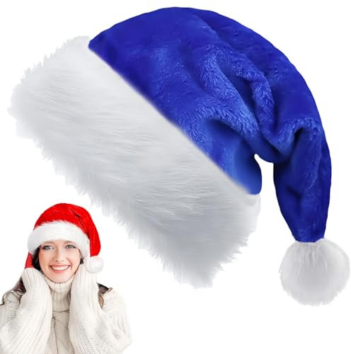 YAAVAAW Blau Weihnachtsmütze für Erwachsene Kinder,32 * 45cm Nikolausmütze Plüsche Weihnachtsmann Mütze,Warm Dicker Nikolaus Mütze Santa Clause für Männer Frauen Mädchen Jungs Familie Weihnachtsfeier