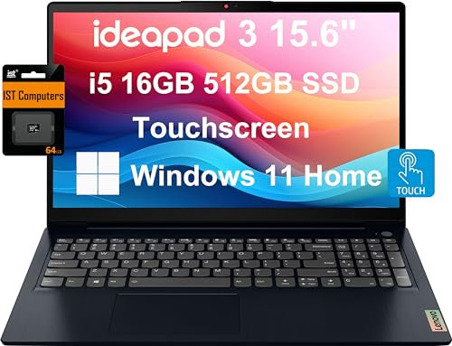 Lenovo IdeaPad 3 3i - Laptop (touchscreen FHD da 15,6, Intel Core i5-1155G7, 16 GB di RAM, SSD 512 GB), cornice stretta, webcam, batteria a lunga durata 12 ore, Wi-Fi 6, IST SD, Win 11 Home, Business