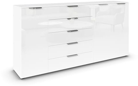 Rauch Möbel Flipp, Kombikommode, Kommode mit Stauraum für Wohnzimmer, Schlafzimmer, Flur, 4 Fachböden, Alpinweiß/Glasfront Weiß, 3-türig, Glastüren, 5 Schubkästen, Griffe chrom, 199x100x42cm
