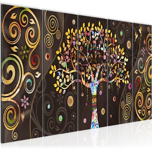 Runa Art Wandbild Klimt Baum des Lebens 200 x 80 cm Modern Bild auf Vlies Leinwand Abstrakt Wohnzimmer Schlafzimmer Schwarz Bunt 045355a