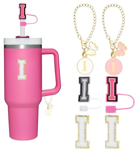 Reusable Straw Cover for Stanley Cup Accessories, 2Pcs Dustproof Straw Covers with Letter Charms and Personalized Name Stickers(I)