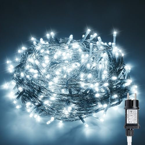 Gresonic Lichterkette Außen 20m 200LED, Kaltes Weiß Lichterkette Außen Strom, Transparente Kabel, Wasserdicht beleuchtung für Außen Innen Garten Baum Weihnachten