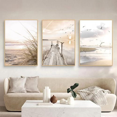 Uixxducc 3-teiliges Aesthetic Poster Set Natur Küstenstrand Seevogel-Szenerie Bilder Set Wandbilder Wohnzimmer, Beige Boho Pampasgras Bilder, Schlafzimmer Deko, ohne Rahmen (B,40x50cm)