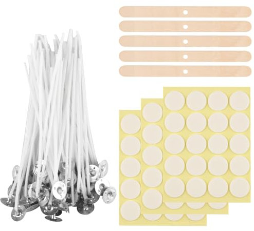 Kerzendochte Set, 100 STK Kerzendochte für Kerzen Selber Machen Set, 10cm Natürlichen Kerzendochten mit Dochthalter Holz und Doppelseitige Docht Aufkleber, für Kerzenherstellung