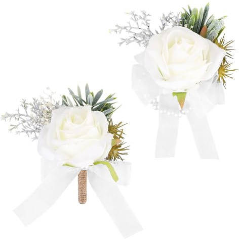 LUCKNIGHT Lot de 2 bracelets de corsage blancs et boutonnières faits à la main avec trous de boutons - Bracelet en forme de rose - Boutonnière blanche - Pour mariage, cérémonie et anniversaire de