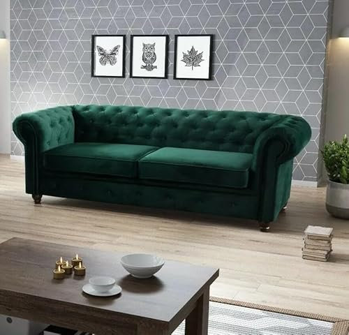 Easy4You Chesterfield Dunkelgrüner Plüsch Velvet 3-Sitzer Sofa 225x74x88 cm Sofas für Wohnzimmer Sofagarnituren mit Holzfüße Set Sofas & Couches