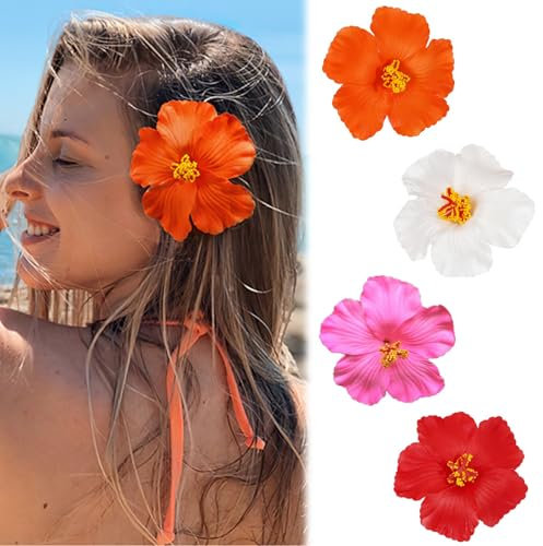 4 Stück Haarspangen mit Hawaiianischen Blumen, Hawaii-Blumen-Haarspangen für Frauen, Plumeria-Hibiskus-Haarspange, Haarschmuck für Mädchen, Frauen, Hochzeit, Strand, Sommer, Mehrfarbige