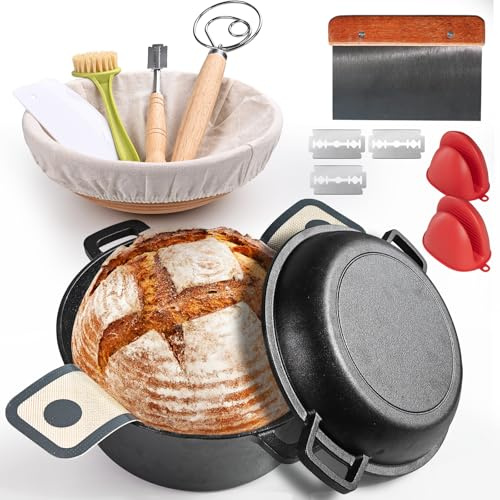 Horno holandés avanzado de hierro fundido para hornear pan, con cesta de prueba de pan Banneton y suministros para hornear, olla holandesa multifuncional de 5 cuartos de galón con tapa, sartén de pan