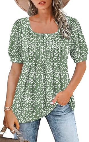WNEEDU Ladies Tops Square Neck T Shirts for Women UK Summer Puff Short Sleeve Blouses Pleated Tunic Tshirts Flowy Elegant Casual Tee Olive Green Leaf L