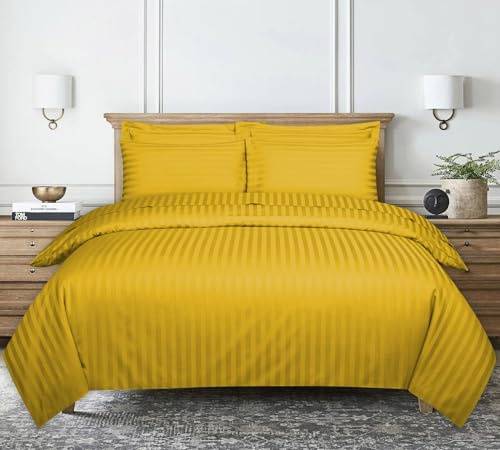 Duvet Cover Stripe Satin SuperKing,Ochre |Yellow Reversible Soft Microfiber | Home Gadgets World Duvet Set Reversible Stripes Satin Superking Brushed Microfiber Satin Stripe Bedding Set with Pillowcases