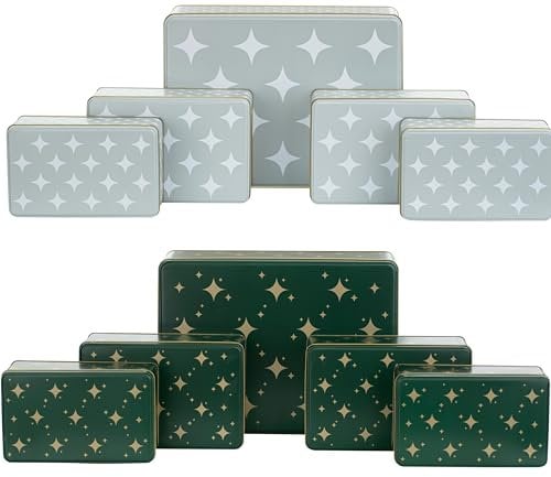 BALOU LIVING 10er Set Keksdose Weihnachten eckig - Weihnachtskeksdosen groß aus Metall - Weihnachtliche Plätzchendose Blechdose, Sterne grau/weiß + grün/gold