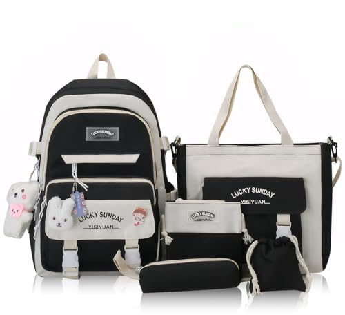 Cnwinu 5 Stück Schulrucksack Set, Schulrucksack Mädchen, Jungen, Teenager, Schulranzen Set mit Tasche, Federmäppchen, Umhängetasche, Kawaii Rucksack, Lässig Rucksack Kinder