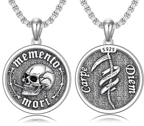 ROMANTICWORK Memento Mori Kette 925 Sterling Silber Carpe Diem Memento Mori Halskette mit Totenkopf Anhänger Memento Mori Schmuck Geschenke für Herren Damen