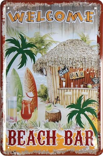 WOGEKA ART Retro Blechschild - Welcome Beach Bar - lustiger Spruch als Geschenk-Idee zur Deko, 20 x 30 cm, aus Metall im Vintage Design 1497